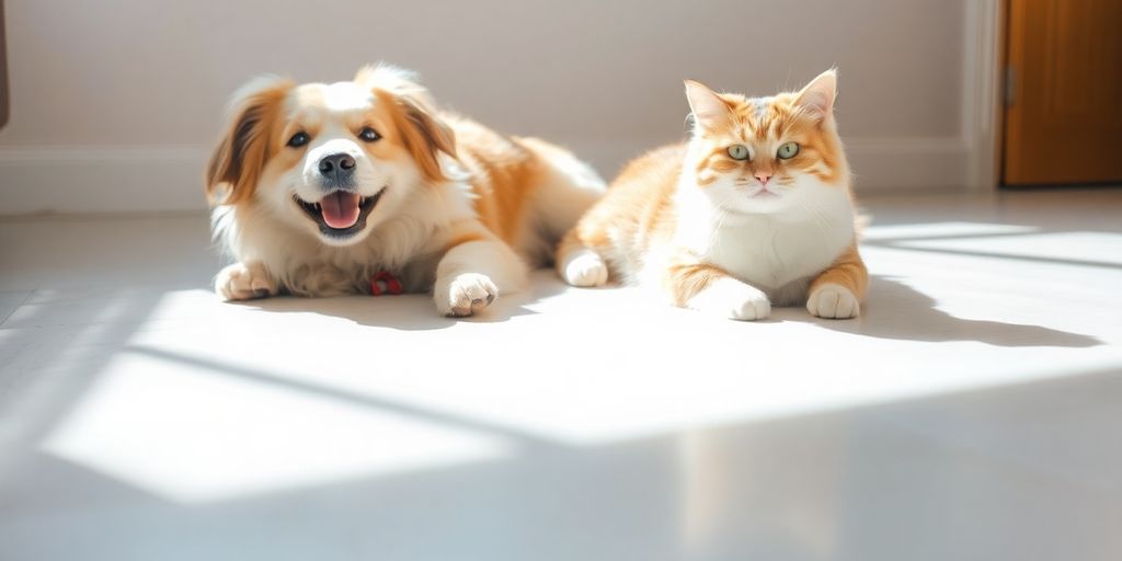 Happy dog and cat lounging on a clean, sunlit floor
