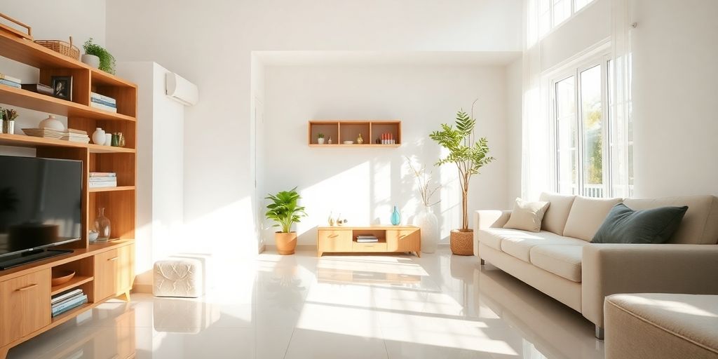 Sparkling clean living room with organized shelves.