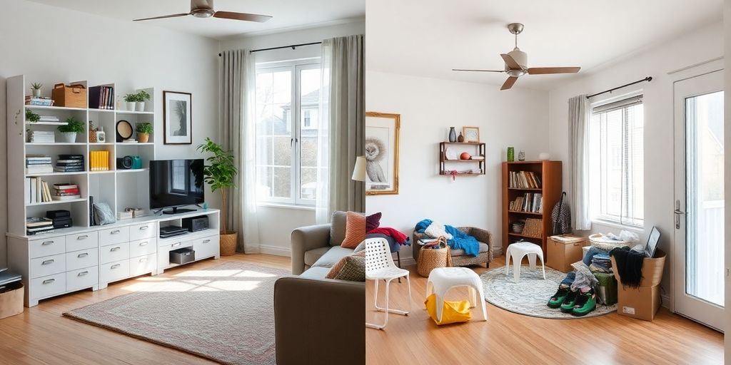 Sparkling clean room next to a cluttered room