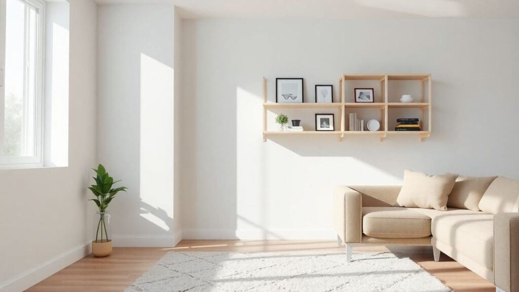 minimalist living room with beige sofa and wall shelves